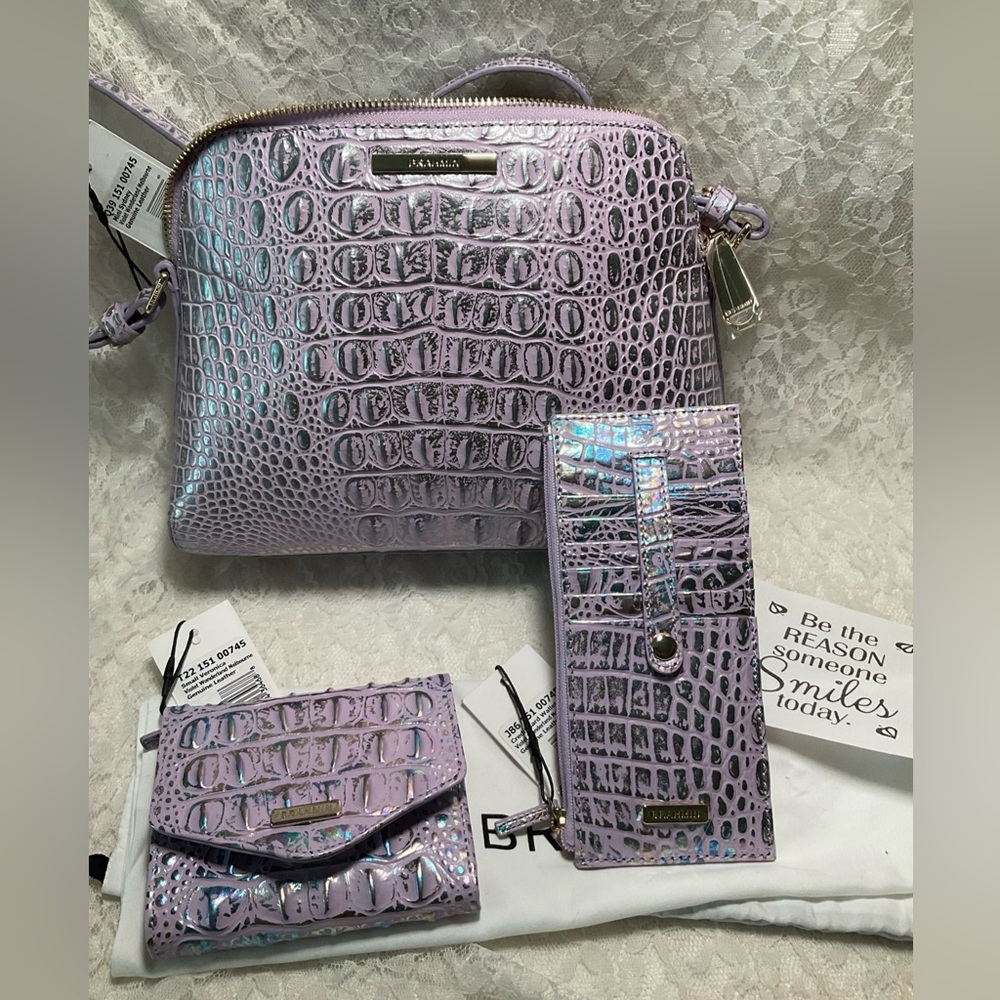 NWT 3 pc BRAHMIN VIOLET WONDERLAND MINI SYDNEY, mini VERONICA & CREDIT CD WALLET